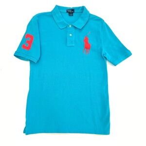 Ralph Lauren Polo Shirt Pink Big Pony Turquoise Blue Mesh Big Girl’s Large 14 16